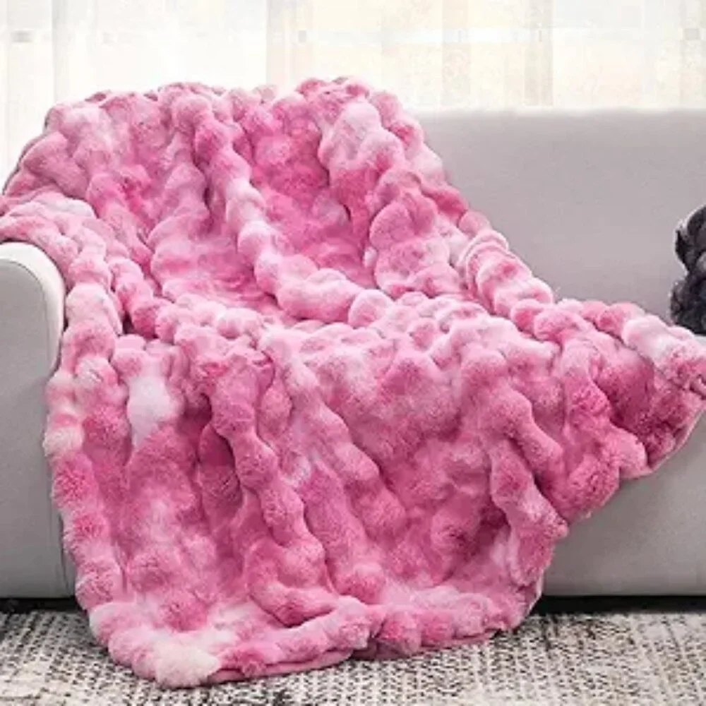 Faux Fur Throw Blanket Cozy Soft Plush Bubble Tie Dye Blanket Couch Sofa Bedroom